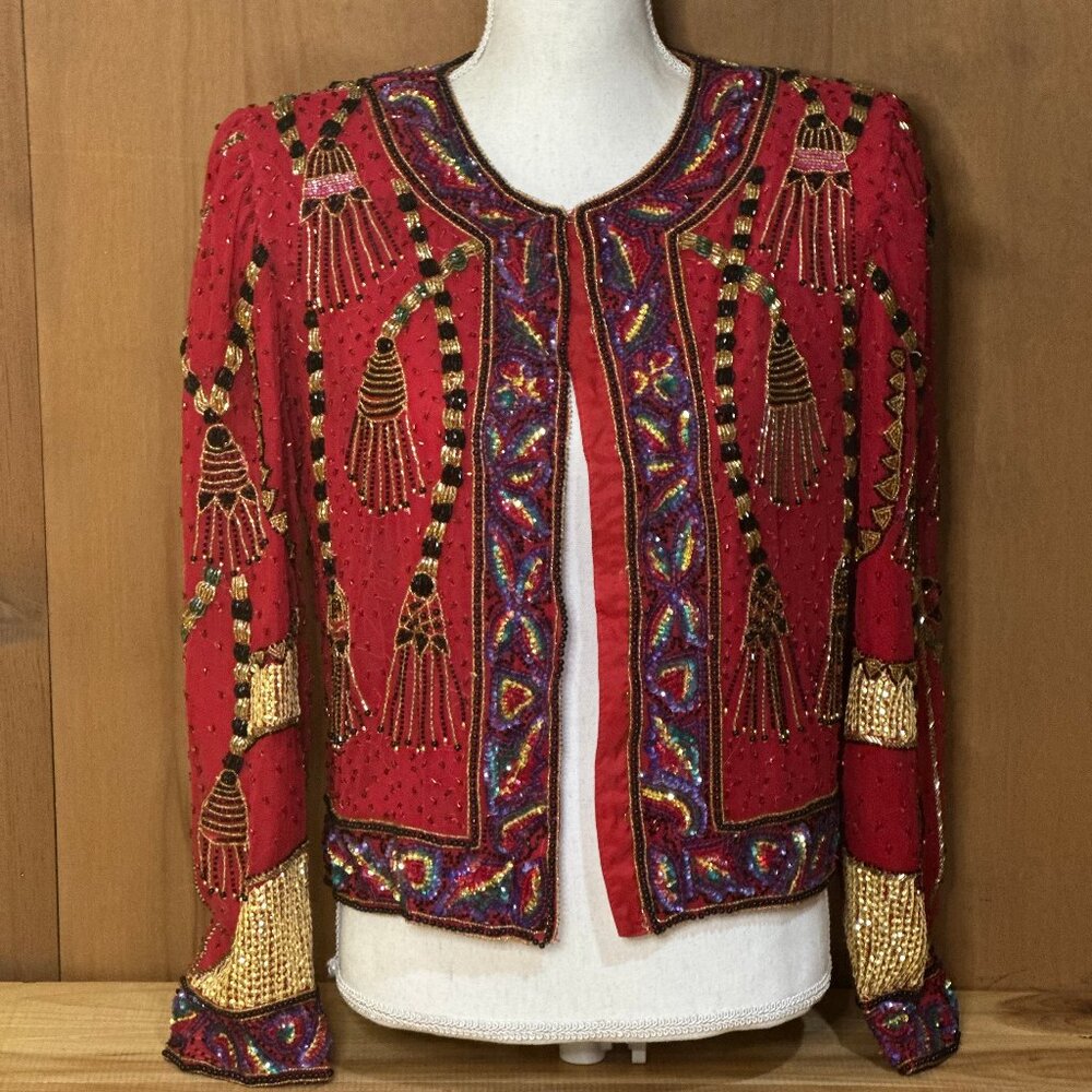Vintage Laurence Kazar Red Beaded & Silk Trophy Jacket 1980s